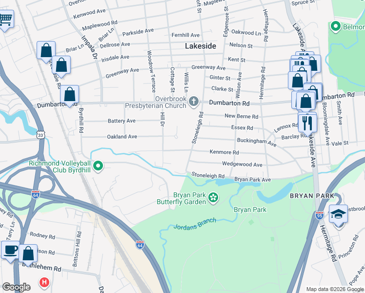 map of restaurants, bars, coffee shops, grocery stores, and more near 5100 Stoneleigh Road in Richmond