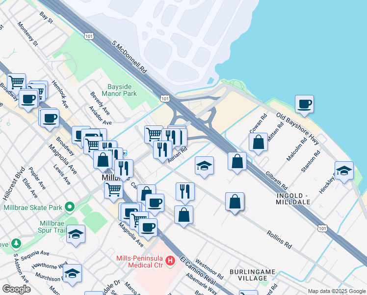 map of restaurants, bars, coffee shops, grocery stores, and more near 340 Adrian Road in Millbrae