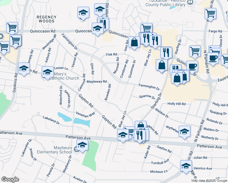 map of restaurants, bars, coffee shops, grocery stores, and more near 1212 Condover Road in Richmond