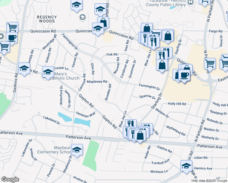 map of restaurants, bars, coffee shops, grocery stores, and more near 1212 Condover Road in Richmond