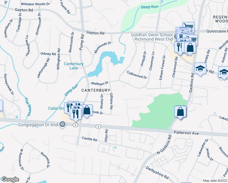map of restaurants, bars, coffee shops, grocery stores, and more near 1215 Giltspur Road in Richmond