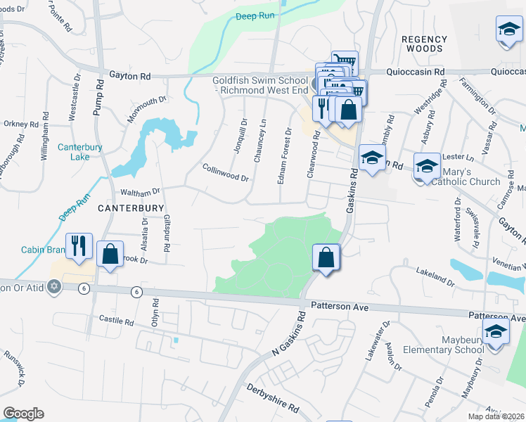 map of restaurants, bars, coffee shops, grocery stores, and more near 10107 Waltham Drive in Richmond