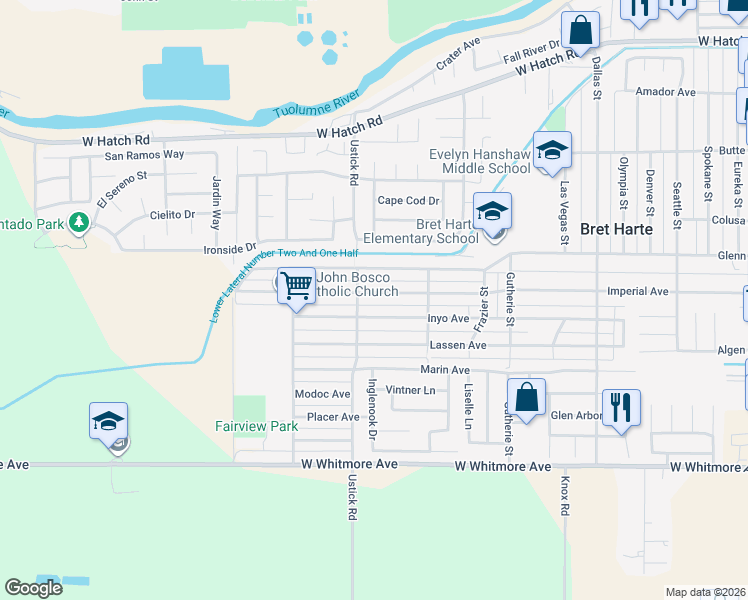 map of restaurants, bars, coffee shops, grocery stores, and more near 1402 Imperial Avenue in Modesto