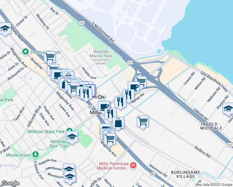 map of restaurants, bars, coffee shops, grocery stores, and more near 200 Rollins Road in Millbrae