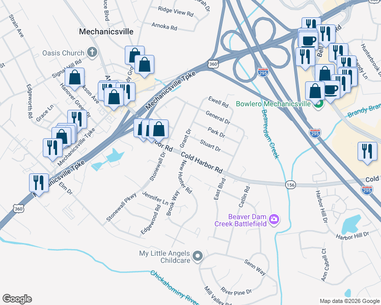 map of restaurants, bars, coffee shops, grocery stores, and more near 7510 Cold Harbor Road in Mechanicsville