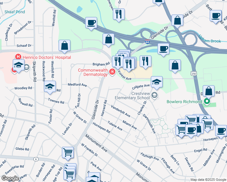 map of restaurants, bars, coffee shops, grocery stores, and more near 7005 Staunton Avenue in Richmond