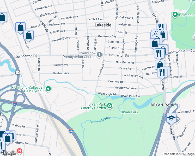 map of restaurants, bars, coffee shops, grocery stores, and more near 5100 Stoneleigh Road in Richmond