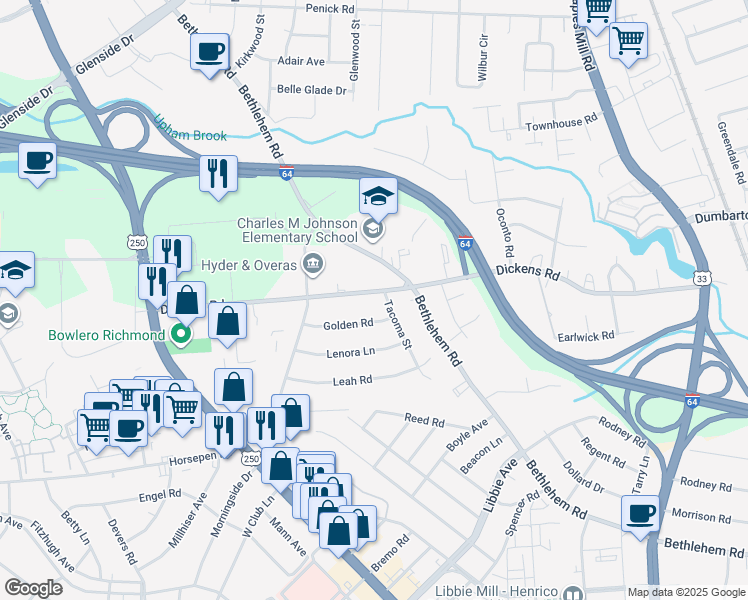 map of restaurants, bars, coffee shops, grocery stores, and more near 2321 Dickens Rd in Richmond