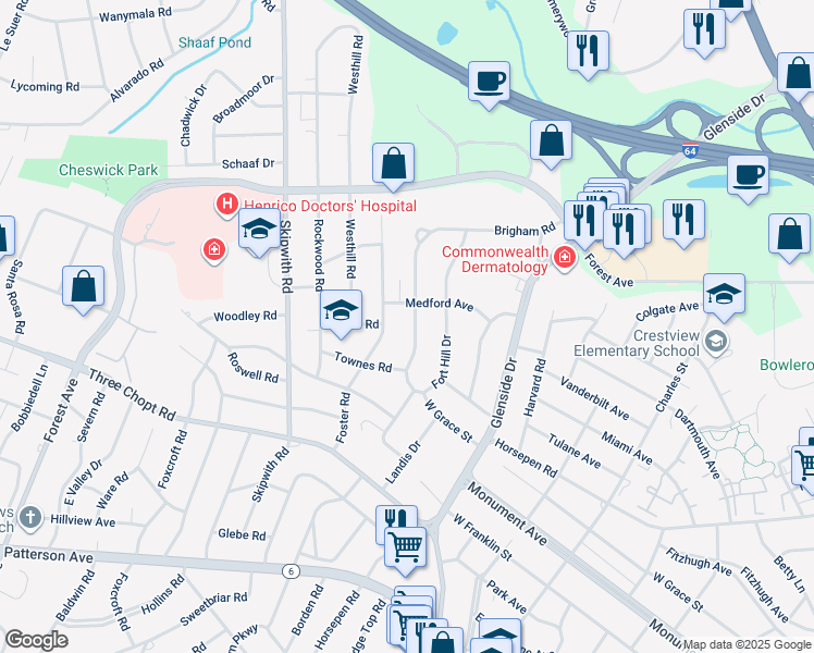 map of restaurants, bars, coffee shops, grocery stores, and more near 1510 Brigham Road in Richmond