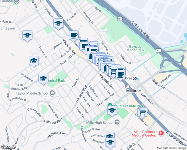 map of restaurants, bars, coffee shops, grocery stores, and more near 230 Hillcrest Boulevard in Millbrae