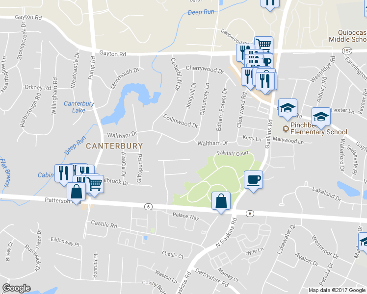 map of restaurants, bars, coffee shops, grocery stores, and more near 10309 Waltham Drive in Richmond