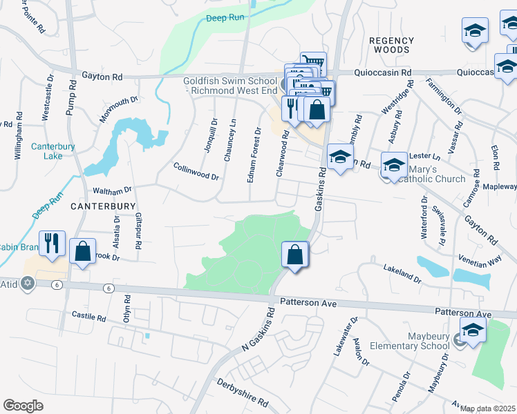 map of restaurants, bars, coffee shops, grocery stores, and more near 9827 Waltham Drive in Richmond