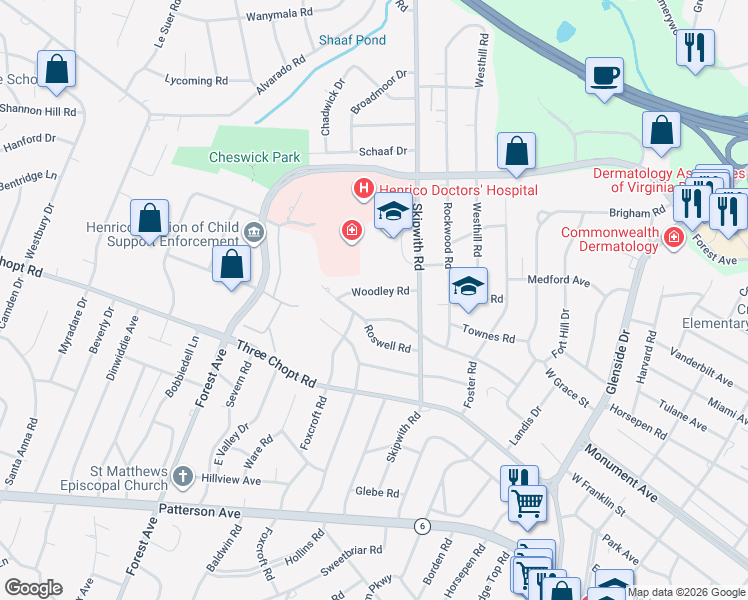 map of restaurants, bars, coffee shops, grocery stores, and more near 7512 Parkline Drive in Richmond