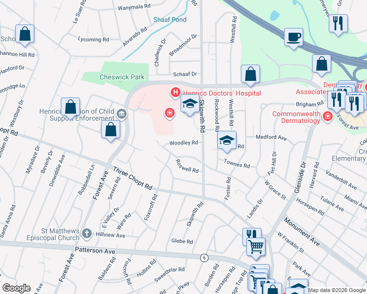 map of restaurants, bars, coffee shops, grocery stores, and more near 7512 Parkline Drive in Richmond