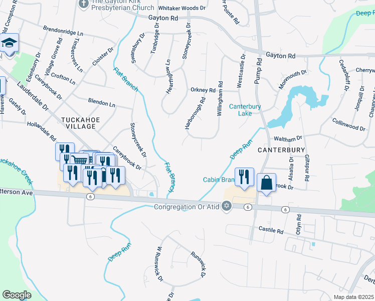 map of restaurants, bars, coffee shops, grocery stores, and more near 10627 Harborough Place in Richmond