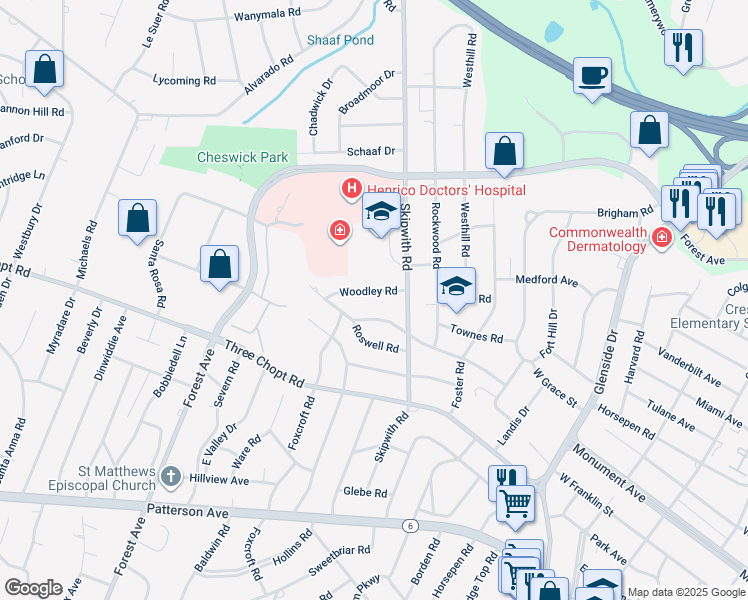 map of restaurants, bars, coffee shops, grocery stores, and more near 7509 Woodley Road in Richmond