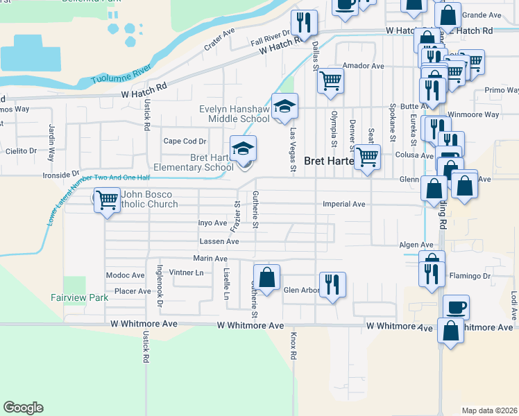 map of restaurants, bars, coffee shops, grocery stores, and more near 846 Imperial Avenue in Modesto
