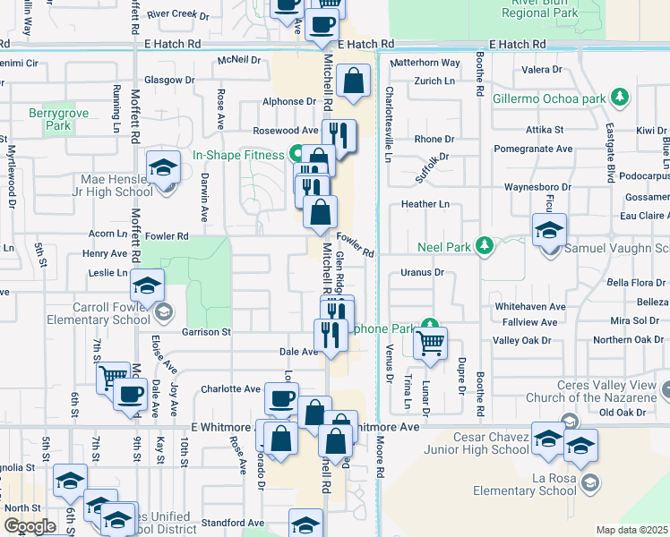 map of restaurants, bars, coffee shops, grocery stores, and more near 1925 Glen Ridge Drive in Ceres