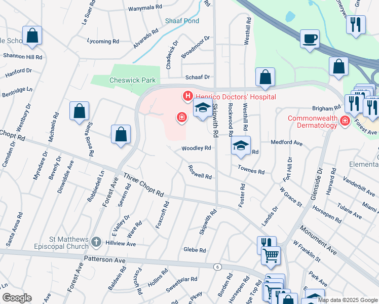 map of restaurants, bars, coffee shops, grocery stores, and more near 7515 Woodley Road in Richmond
