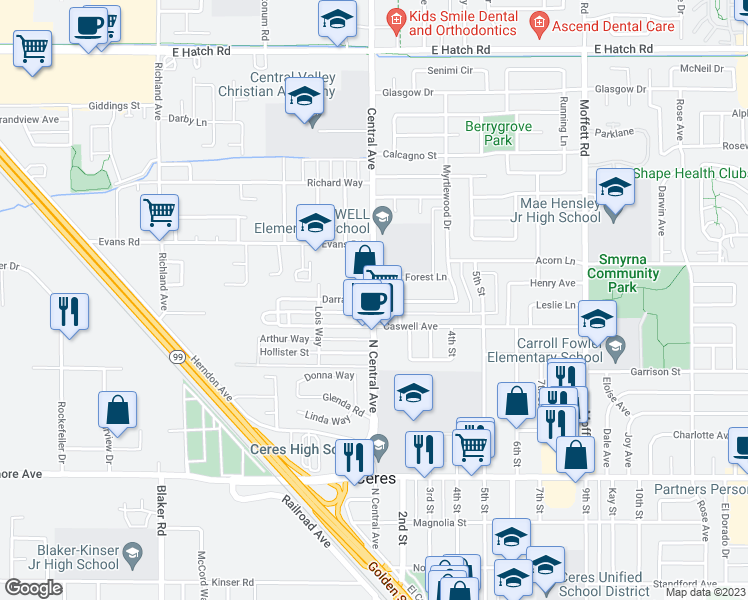map of restaurants, bars, coffee shops, grocery stores, and more near Central Avenue & Darrah Street in Ceres