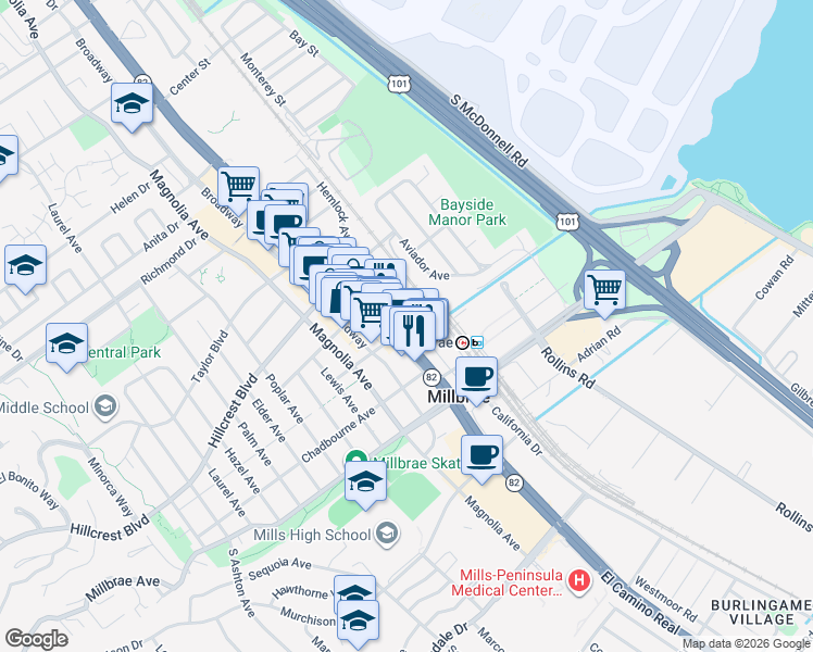 map of restaurants, bars, coffee shops, grocery stores, and more near 200 El Camino Real in Millbrae