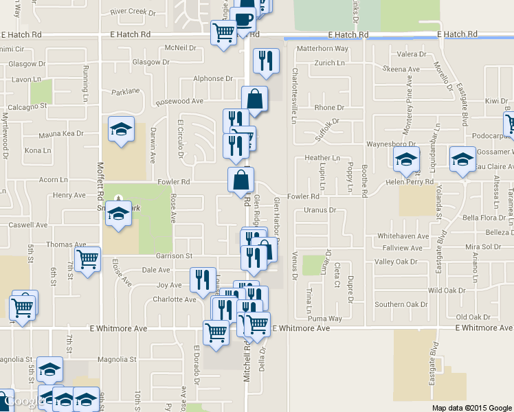 map of restaurants, bars, coffee shops, grocery stores, and more near 3020 Glen Park Way in Ceres
