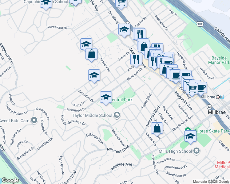 map of restaurants, bars, coffee shops, grocery stores, and more near 427 Richmond Drive in Millbrae