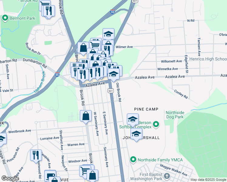 map of restaurants, bars, coffee shops, grocery stores, and more near 4907 Chamberlayne Avenue in Richmond