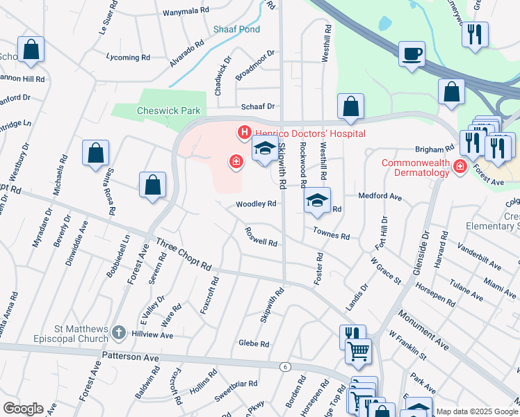 map of restaurants, bars, coffee shops, grocery stores, and more near 7509 Woodley Road in Richmond