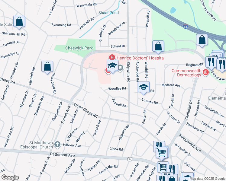 map of restaurants, bars, coffee shops, grocery stores, and more near 7515 Woodley Road in Richmond