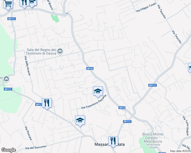 map of restaurants, bars, coffee shops, grocery stores, and more near 205 Via del Bosco in Mascalucia