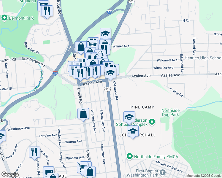 map of restaurants, bars, coffee shops, grocery stores, and more near 4911 Chamberlayne Avenue in Richmond