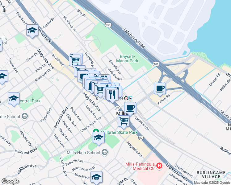 map of restaurants, bars, coffee shops, grocery stores, and more near 150 Serra Avenue in Millbrae