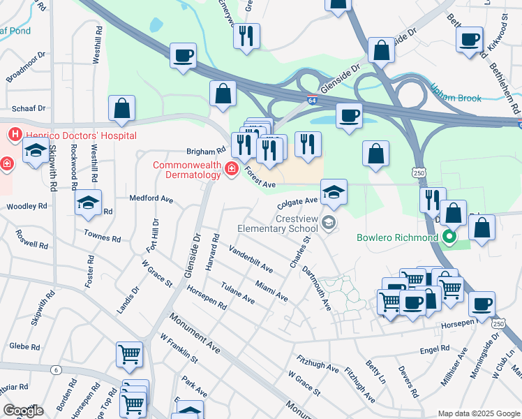 map of restaurants, bars, coffee shops, grocery stores, and more near 1905 Cornell Avenue in Richmond