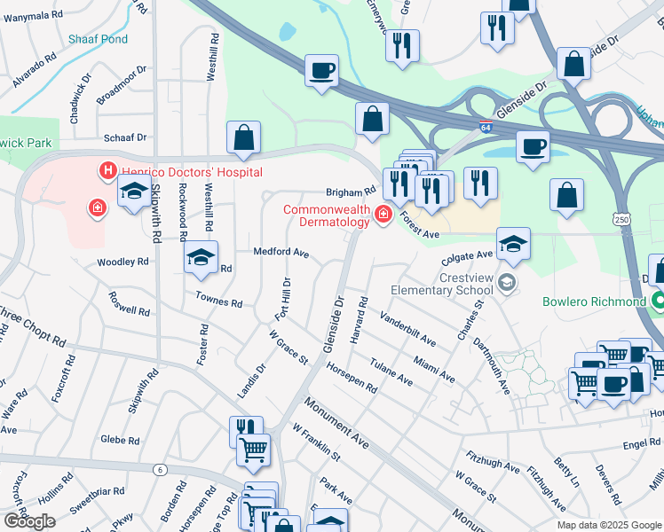 map of restaurants, bars, coffee shops, grocery stores, and more near 1525 Ethridge Drive in Richmond