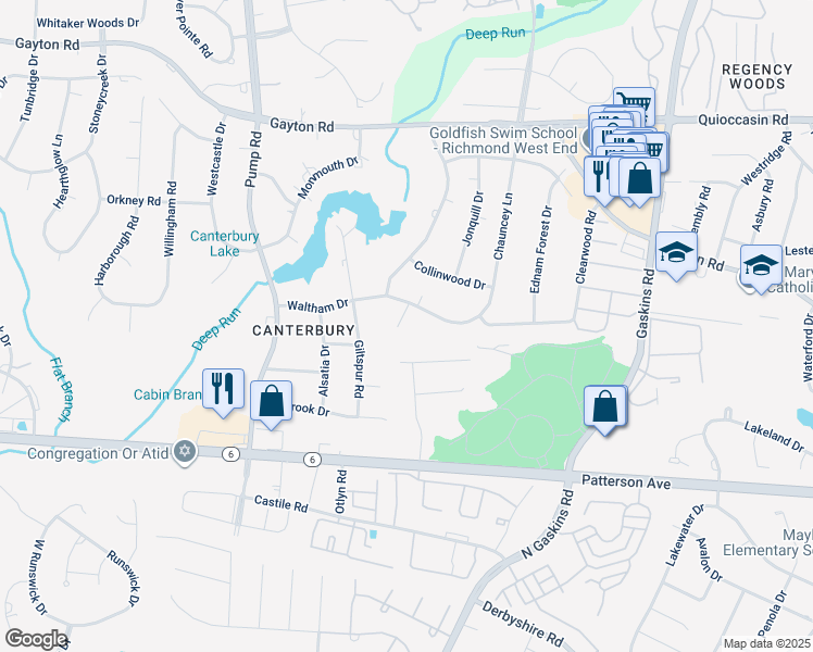 map of restaurants, bars, coffee shops, grocery stores, and more near 1303 Waltham Court in Henrico
