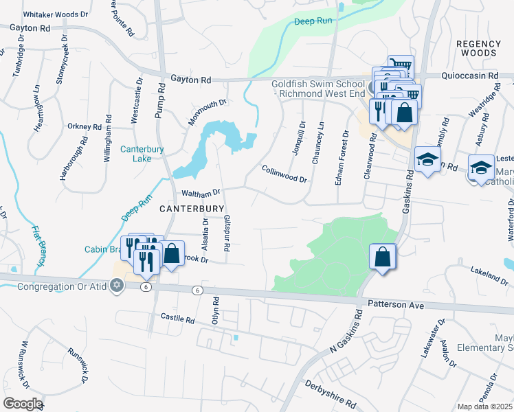 map of restaurants, bars, coffee shops, grocery stores, and more near 1303 Waltham Court in Henrico