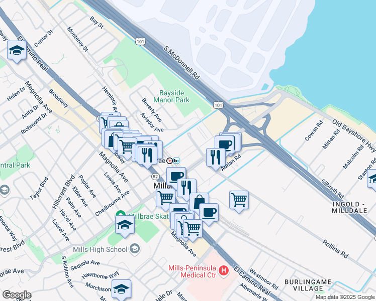 map of restaurants, bars, coffee shops, grocery stores, and more near 200 Rollins Road in Millbrae
