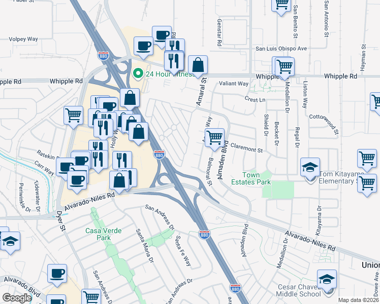 map of restaurants, bars, coffee shops, grocery stores, and more near 2472 Spyglass Court in Union City