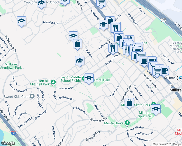 map of restaurants, bars, coffee shops, grocery stores, and more near 448 Richmond Drive in Millbrae