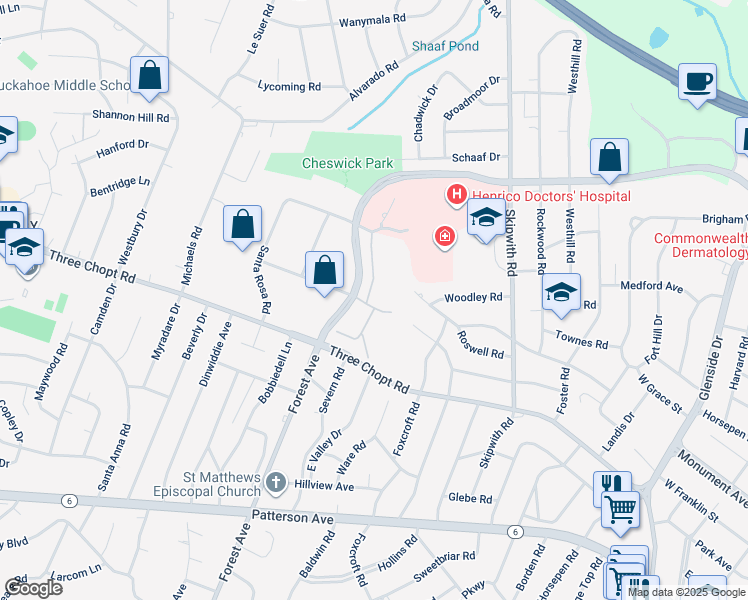 map of restaurants, bars, coffee shops, grocery stores, and more near 1528 Honey Grove Drive in Henrico