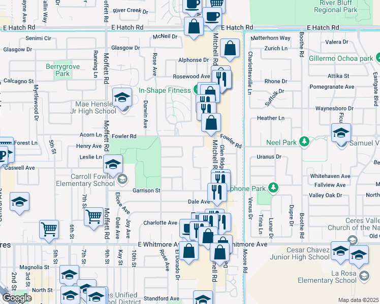 map of restaurants, bars, coffee shops, grocery stores, and more near 1953 Shushan Drive in Ceres