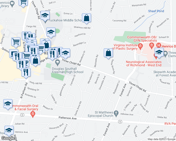 map of restaurants, bars, coffee shops, grocery stores, and more near 8201 Three Chopt Road in Richmond