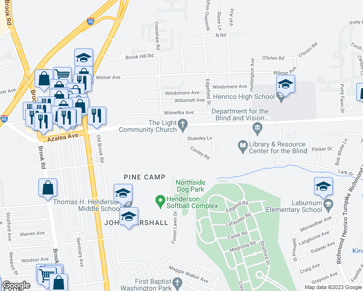 map of restaurants, bars, coffee shops, grocery stores, and more near 703 Conley Road in Richmond