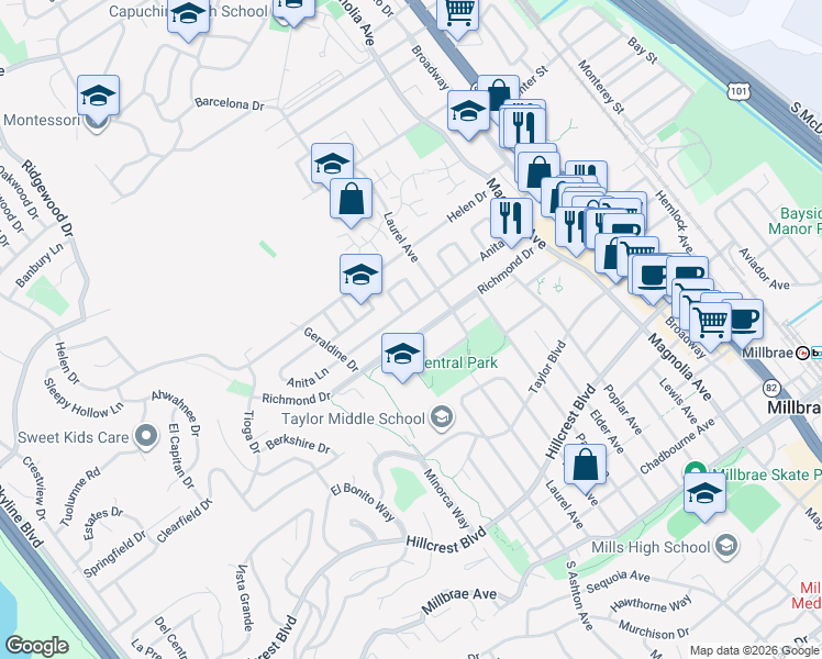 map of restaurants, bars, coffee shops, grocery stores, and more near 432 Richmond Drive in Millbrae