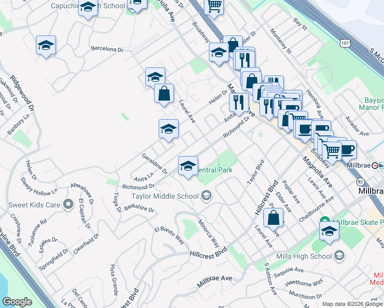 map of restaurants, bars, coffee shops, grocery stores, and more near 432 Richmond Drive in Millbrae