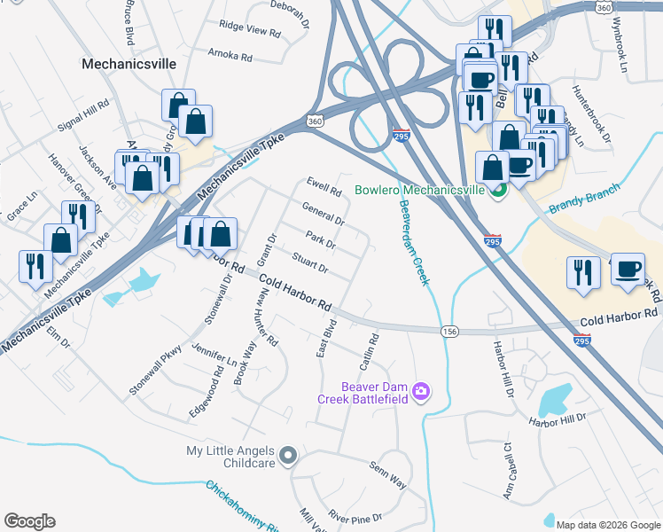 map of restaurants, bars, coffee shops, grocery stores, and more near 7395 Stuart Drive in Mechanicsville
