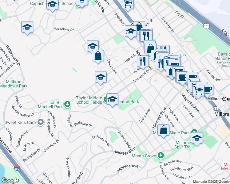map of restaurants, bars, coffee shops, grocery stores, and more near 448 Richmond Drive in Millbrae