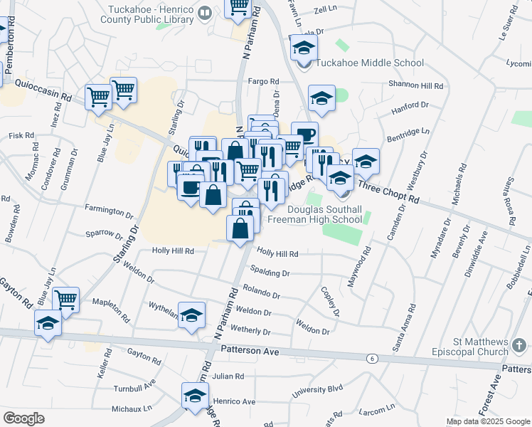 map of restaurants, bars, coffee shops, grocery stores, and more near 1407 Eastridge Road in Richmond