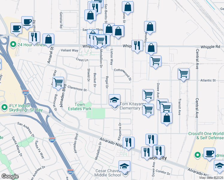 map of restaurants, bars, coffee shops, grocery stores, and more near 2116 Sunsprite Drive in Union City